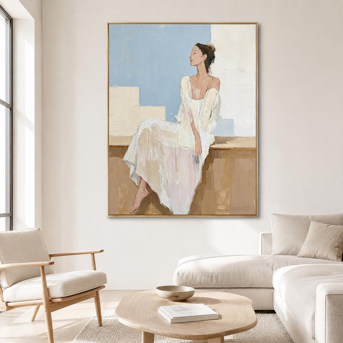 White Dress Woman Wall Art Soft Blue Figure Canvas Painting for Modern Living Room