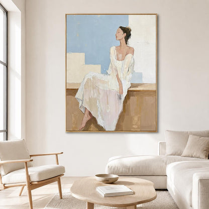 White Dress Woman Wall Art Soft Blue Figure Canvas Painting for Modern Living Room