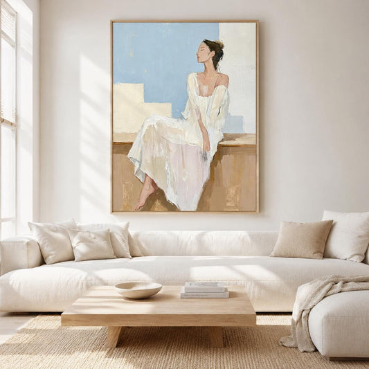 White Dress Woman Wall Art Soft Blue Figure Canvas Painting for Modern Living Room