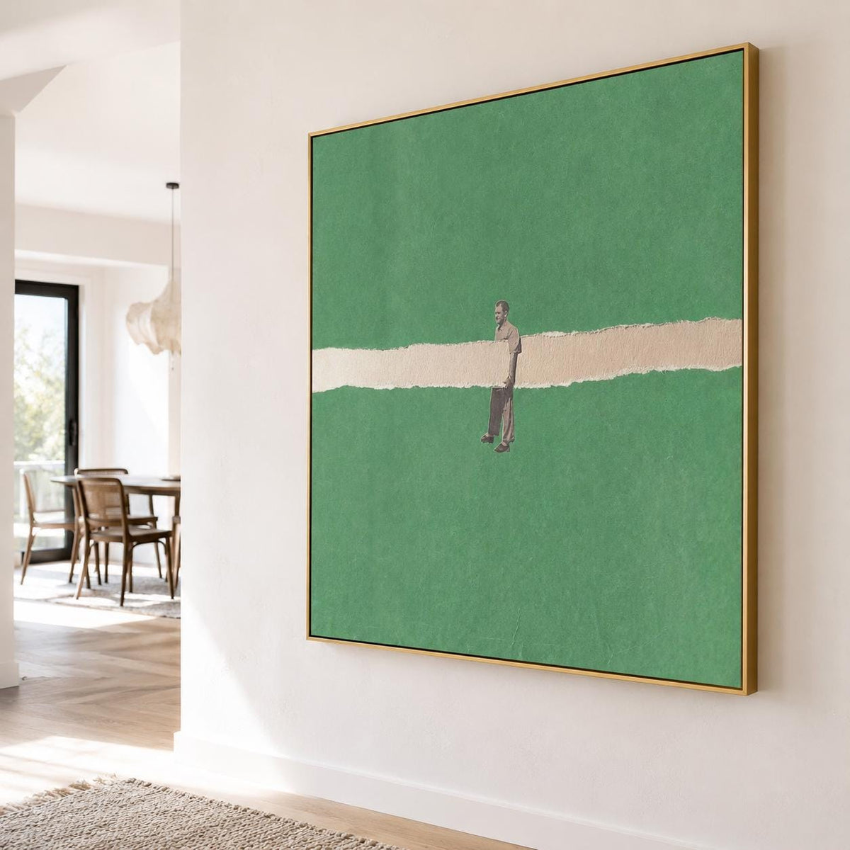 Green Minimalist Man Figure Wall Art White Line Canvas Painting for Modern Entryway Decor