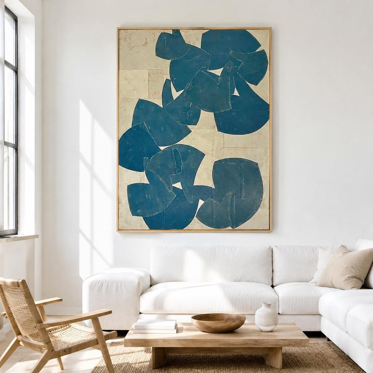 Blue Beige Organic Shape Wall Art Vertical Abstract Canvas Painting for Modern Bedroom Decor