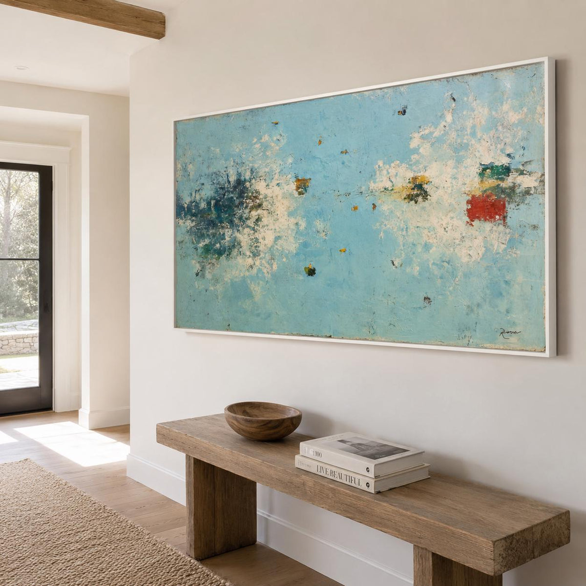 Large Blue Abstract Wall Art Textured Coastal Canvas Painting for Modern Living Room Decor
