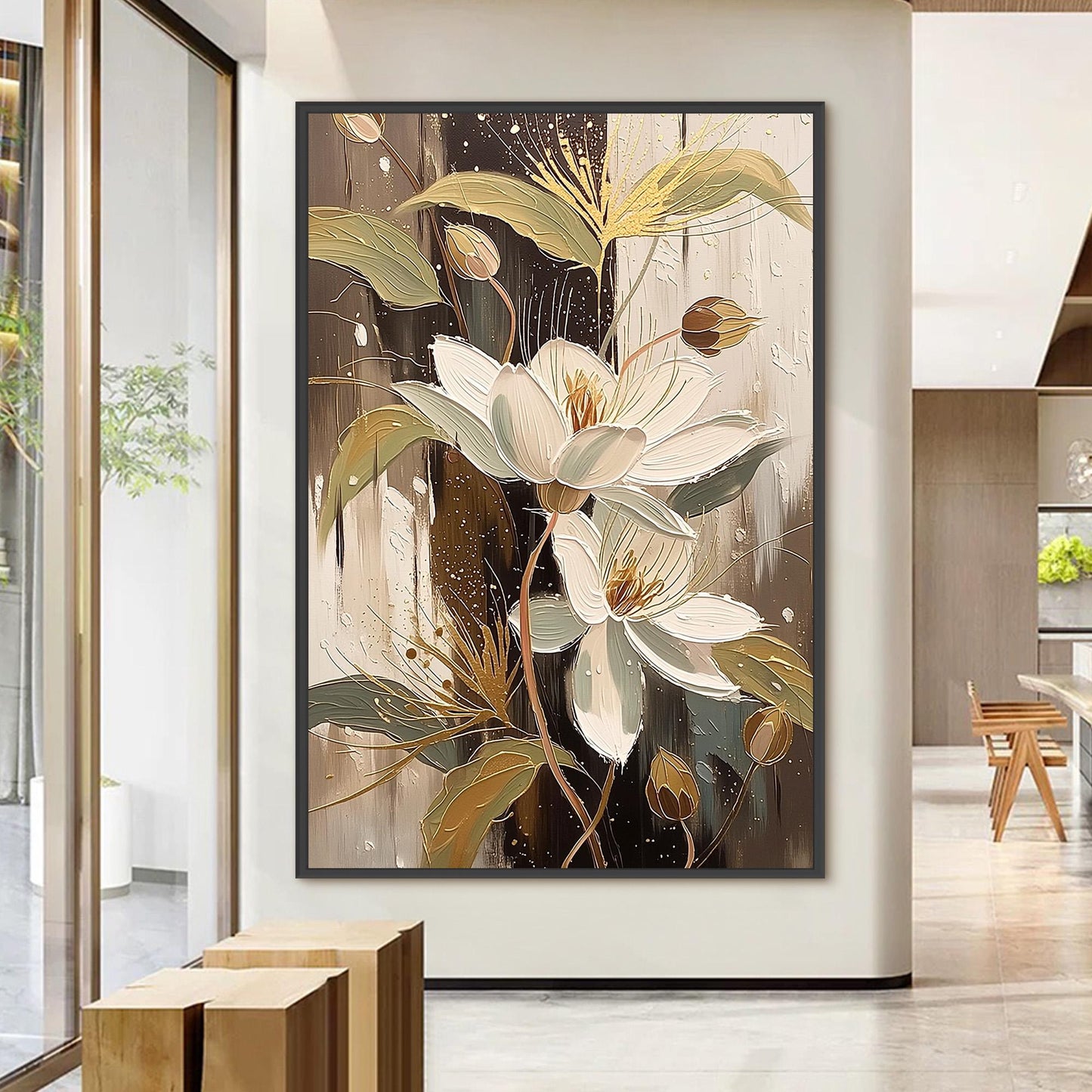 Elegant Floral Canvas Art - Handmade Acrylic - Luxury Home Wall Decor - Wedding Anniversary Gift – Gold and White Floral Wall