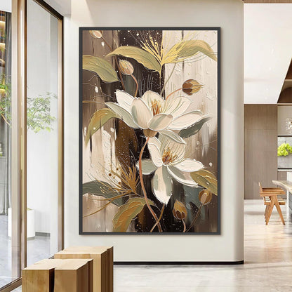 Elegant Floral Canvas Art - Handmade Acrylic - Luxury Home Wall Decor - Wedding Anniversary Gift – Gold and White Floral Wall