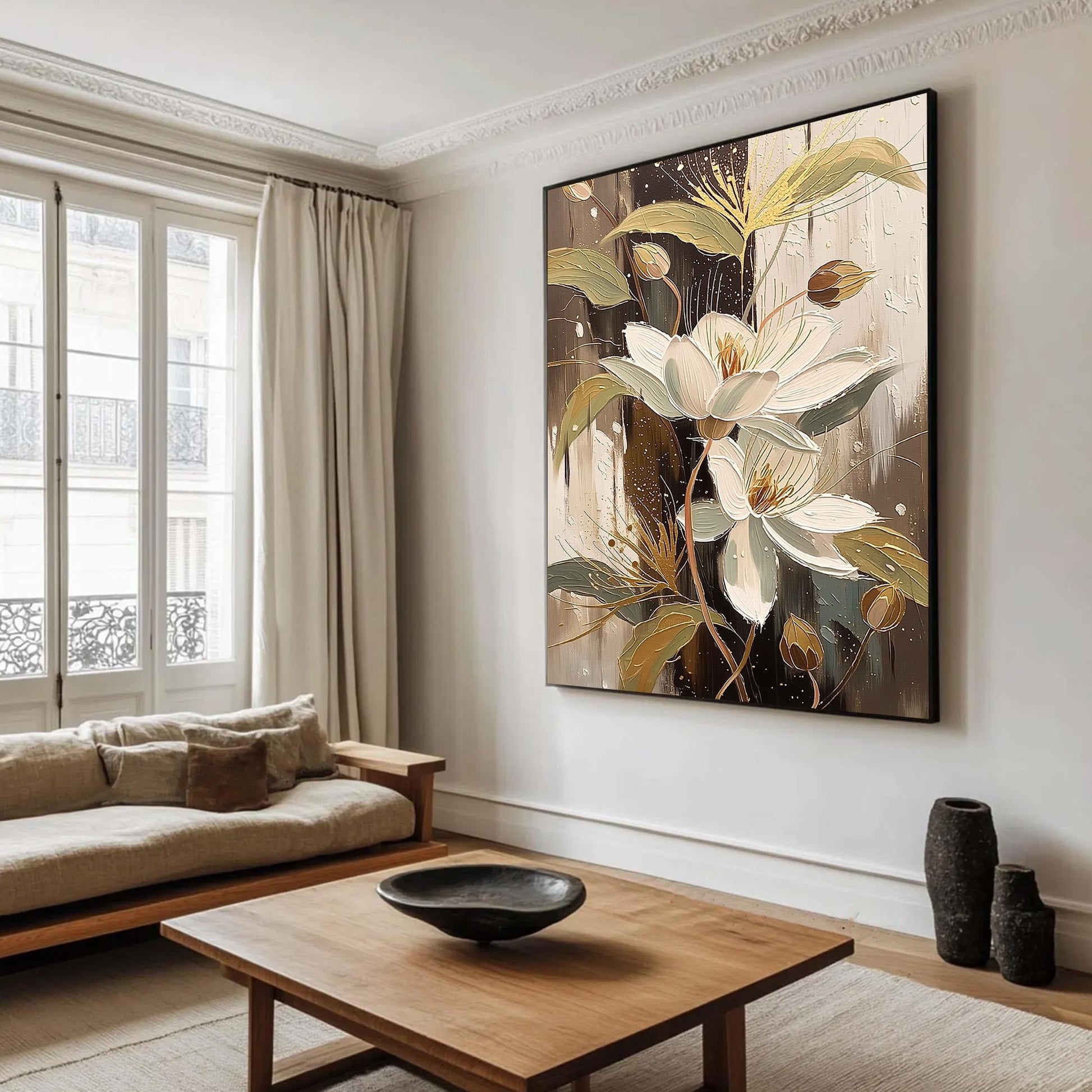 Elegant Floral Canvas Art - Handmade Acrylic - Luxury Home Wall Decor - Wedding Anniversary Gift – Gold and White Floral Wall