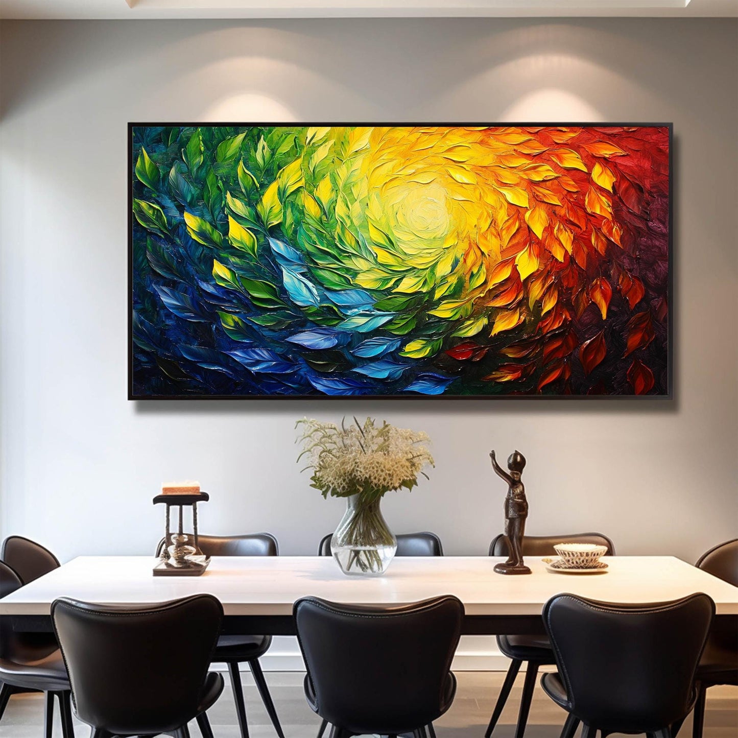 Abstract Rainbow Leaves Impasto Oil Painting, Textured 3D Canvas Art – Botanical Leaf Wall Art | Abstract Impasto Hand-Painte