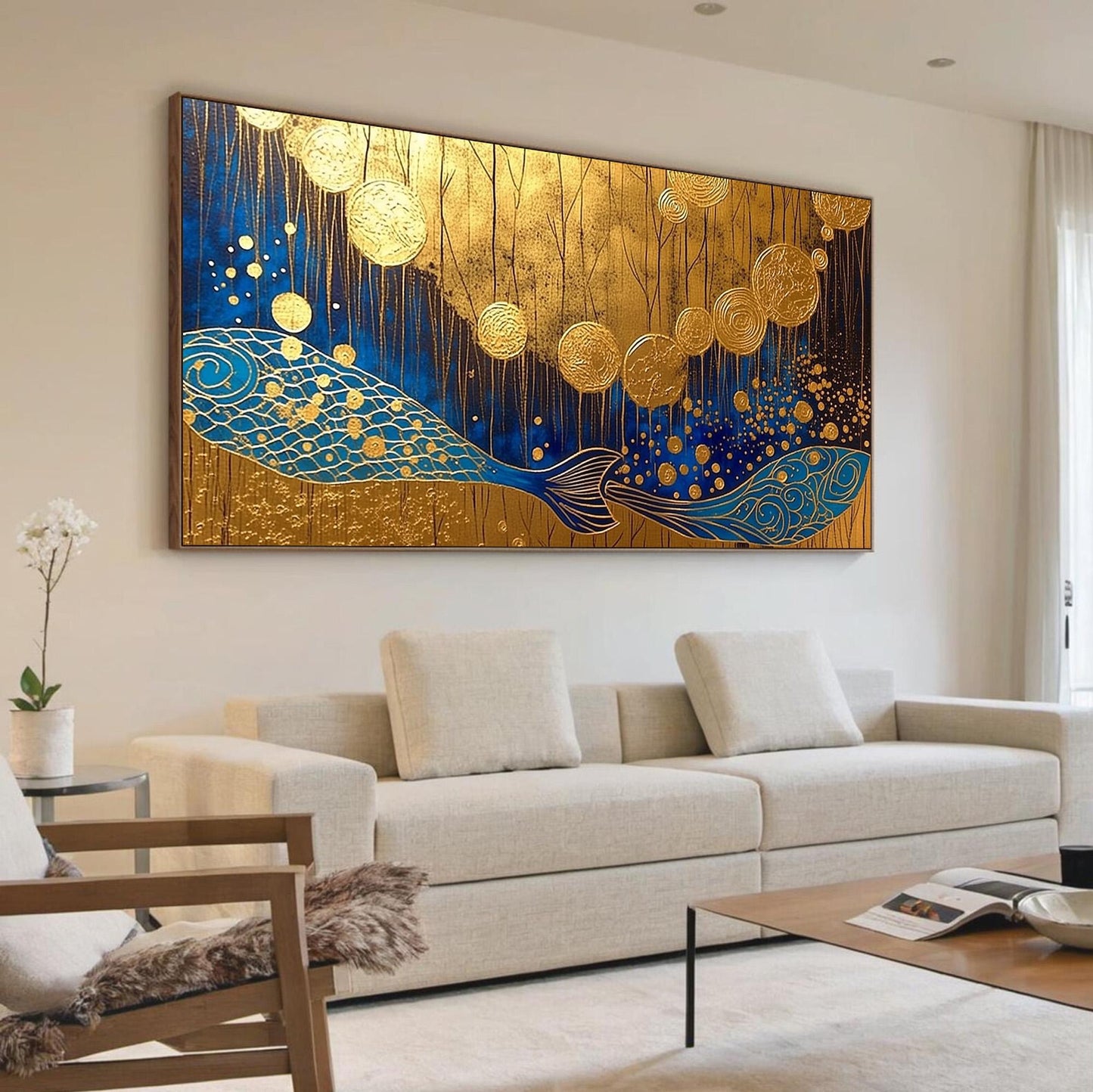 Handmade Acrylic - Asian Wall Decor - Feng Shui Home Art - Prosperity Housewarming Gift – Blue and Gold Koi Fish Animal Wall 