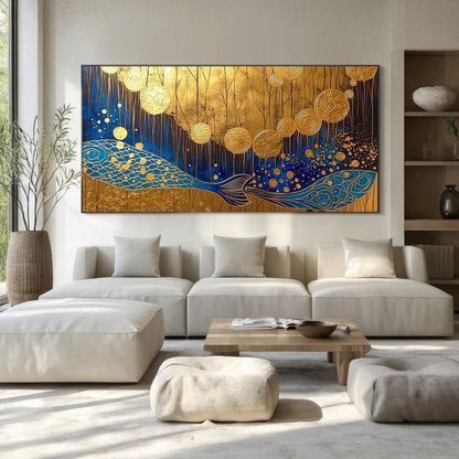 Handmade Acrylic - Asian Wall Decor - Feng Shui Home Art - Prosperity Housewarming Gift – Blue and Gold Koi Fish Animal Wall 