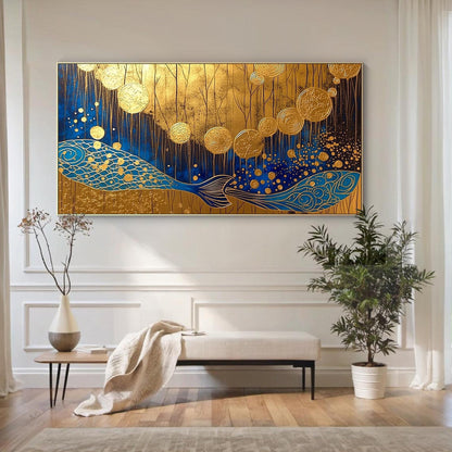 Handmade Acrylic - Asian Wall Decor - Feng Shui Home Art - Prosperity Housewarming Gift – Blue and Gold Koi Fish Animal Wall 