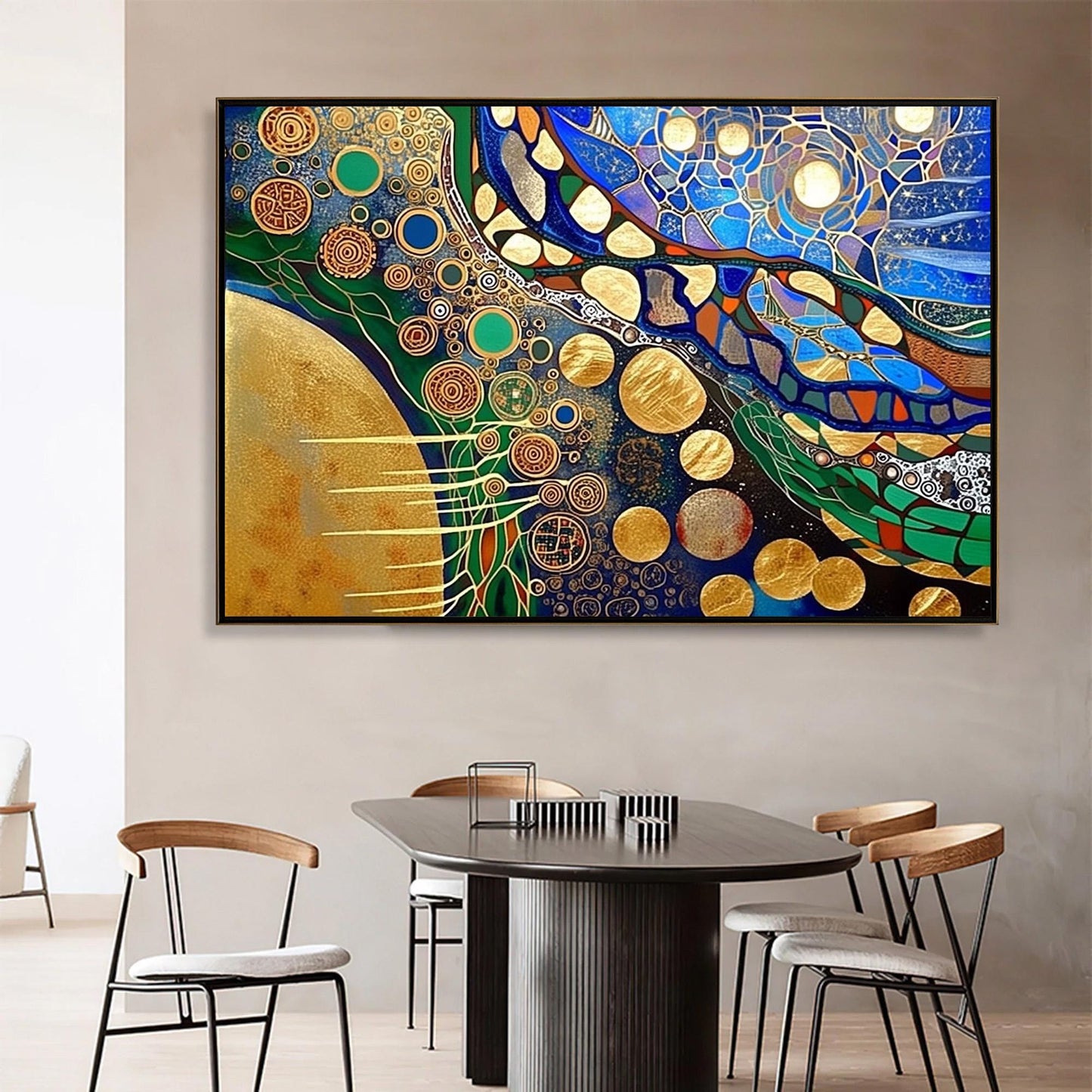 Gold Planet Circles Canvas - Handmade Acrylic - Art Nouveau Wall Decor - Luxury Home Housewarming Gift – Blue and Green Abstr