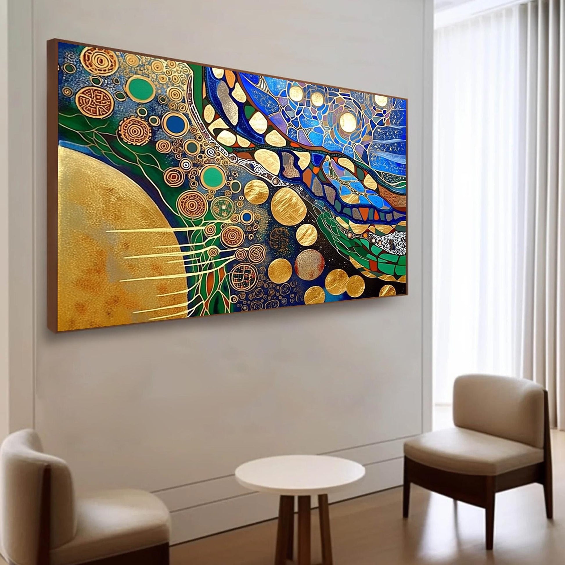 Gold Planet Circles Canvas - Handmade Acrylic - Art Nouveau Wall Decor - Luxury Home Housewarming Gift – Blue and Green Abstr