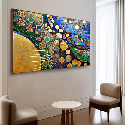 Gold Planet Circles Canvas - Handmade Acrylic - Art Nouveau Wall Decor - Luxury Home Housewarming Gift – Blue and Green Abstr