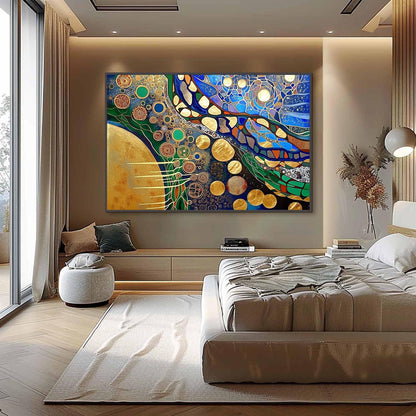 Blue and Green Abstract Wall Art – Gold Planet Circles Canvas - Handmade Acrylic - Art Nouveau Wall Decor - Luxury Home Housewarming Gift