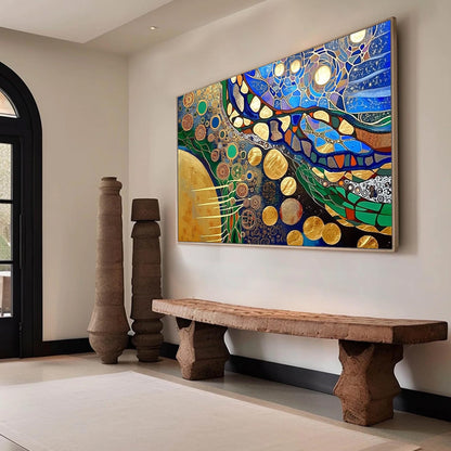 Gold Planet Circles Canvas - Handmade Acrylic - Art Nouveau Wall Decor - Luxury Home Housewarming Gift – Blue and Green Abstr
