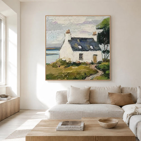 Coastal Cottage Landscape Wall Art Green White House Canvas Painting for Living Room Decor