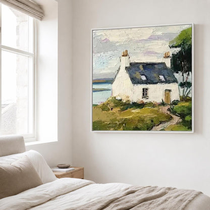 Coastal Cottage Landscape Wall Art Green White House Canvas Painting for Living Room Decor