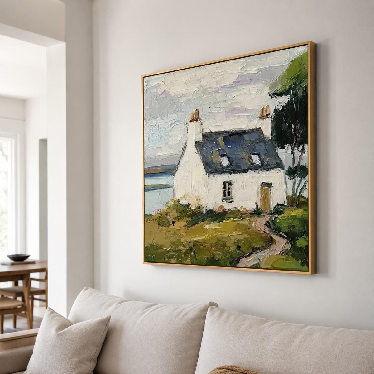Coastal Cottage Landscape Wall Art Green White House Canvas Painting for Living Room Decor