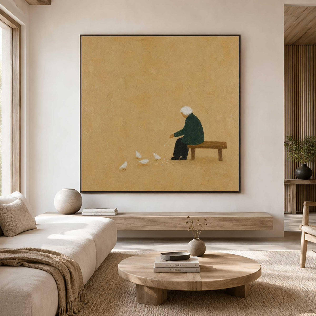 Seated Figure Feeding Birds Wall Art Beige Minimalist Folk Canvas Painting for Entryway Decor