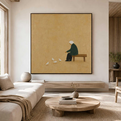 Seated Figure Feeding Birds Wall Art Beige Minimalist Folk Canvas Painting for Entryway Decor