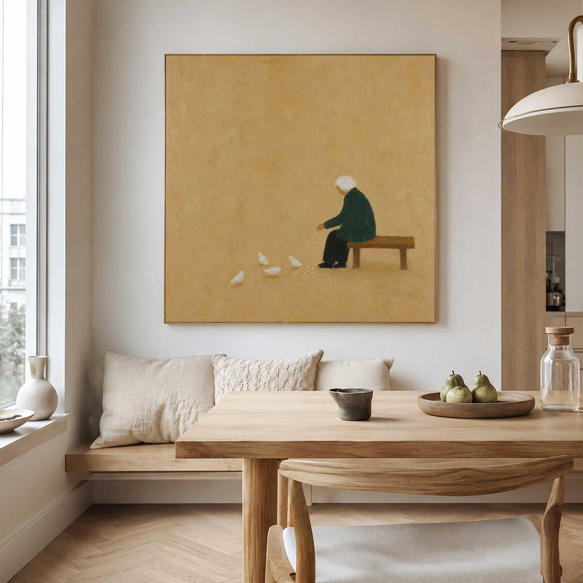 Seated Figure Feeding Birds Wall Art Beige Minimalist Folk Canvas Painting for Entryway Decor