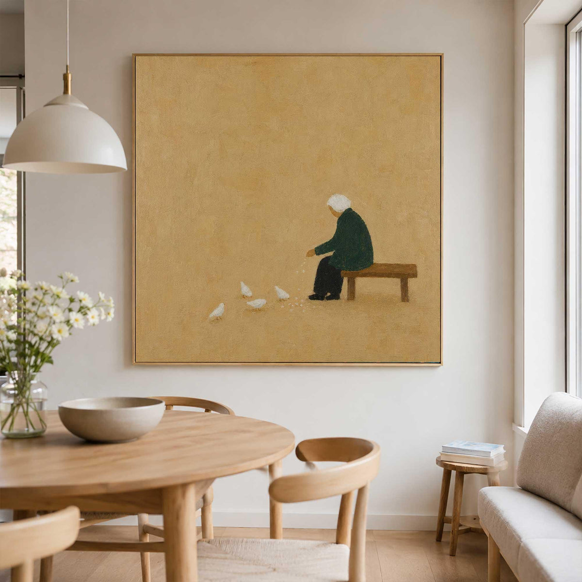 Seated Figure Feeding Birds Wall Art Beige Minimalist Folk Canvas Painting for Entryway Decor
