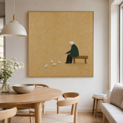 Seated Figure Feeding Birds Wall Art Beige Minimalist Folk Canvas Painting for Entryway Decor