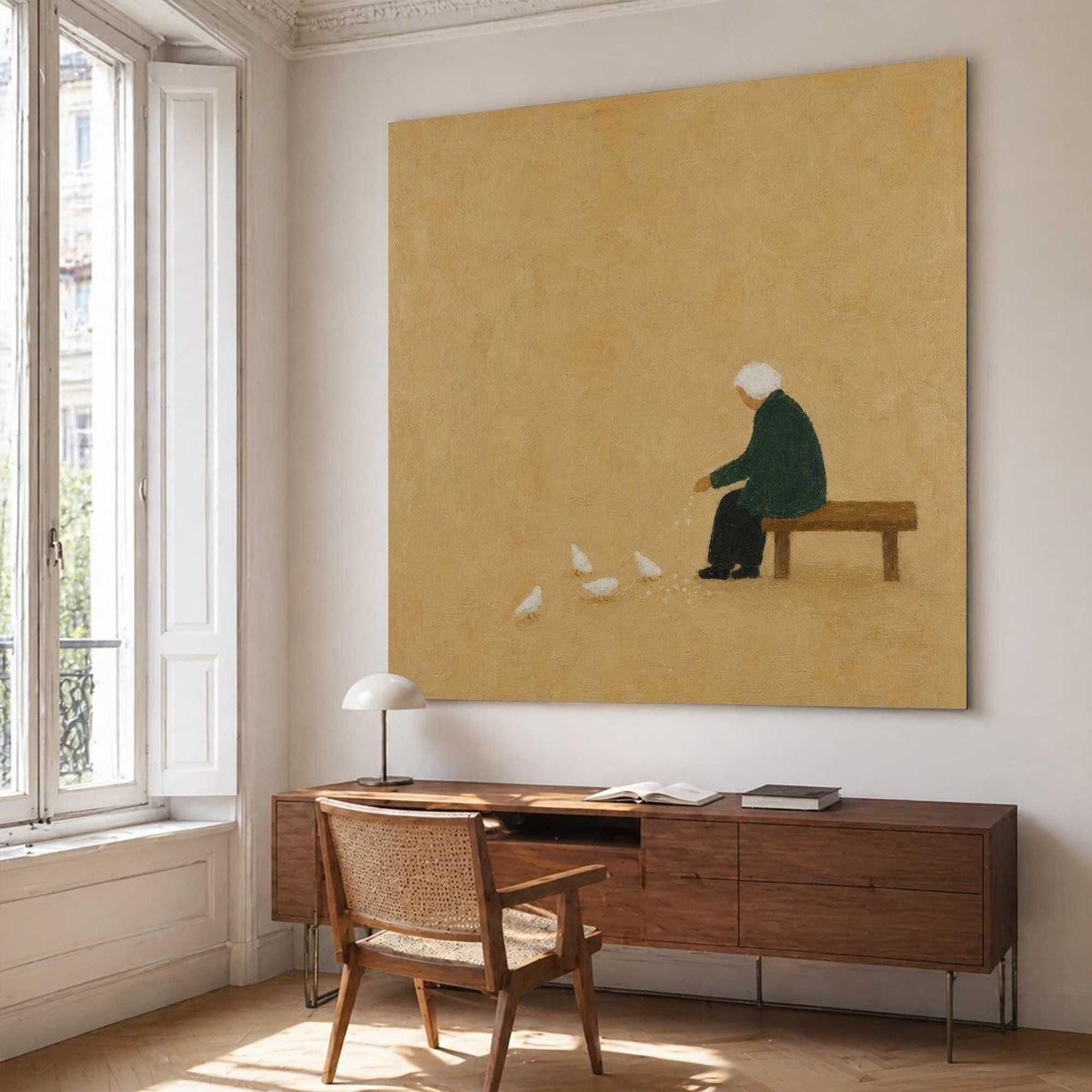 Seated Figure Feeding Birds Wall Art Beige Minimalist Folk Canvas Painting for Entryway Decor