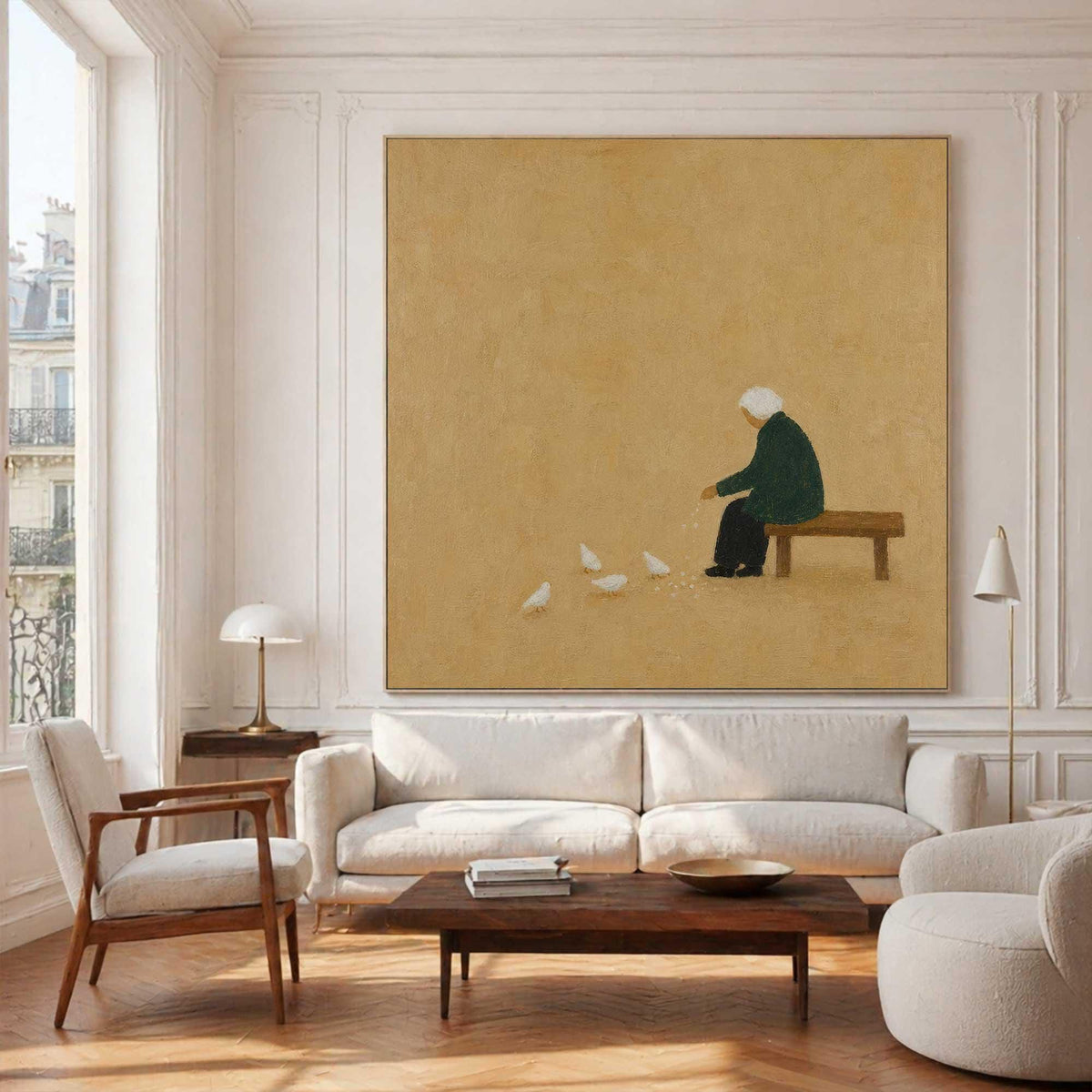 Seated Figure Feeding Birds Wall Art Beige Minimalist Folk Canvas Painting for Entryway Decor