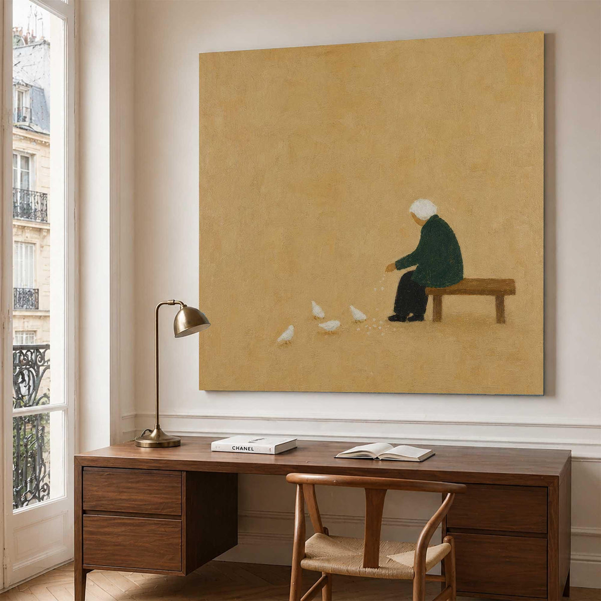 Seated Figure Feeding Birds Wall Art Beige Minimalist Folk Canvas Painting for Entryway Decor