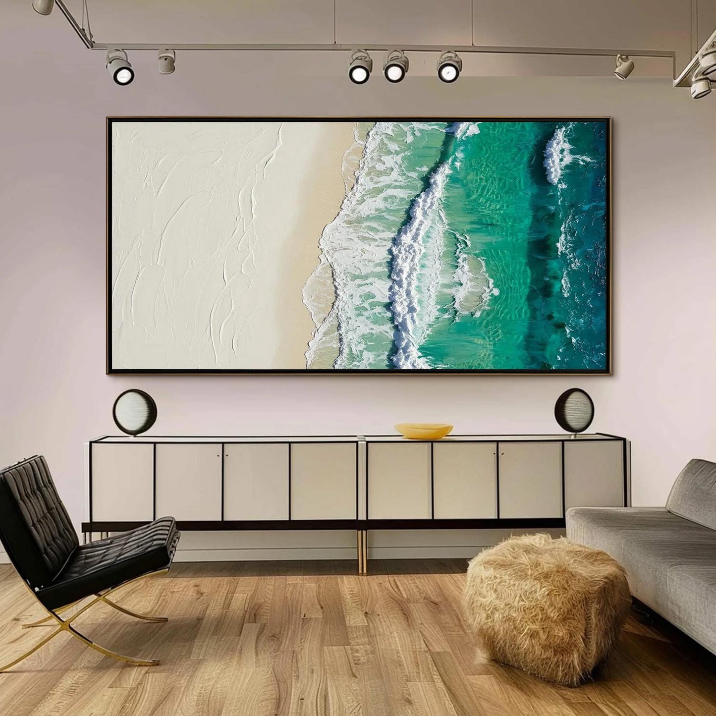 Turquoise Impasto Beach Seascape Wall Art – Aerial Beach Painting