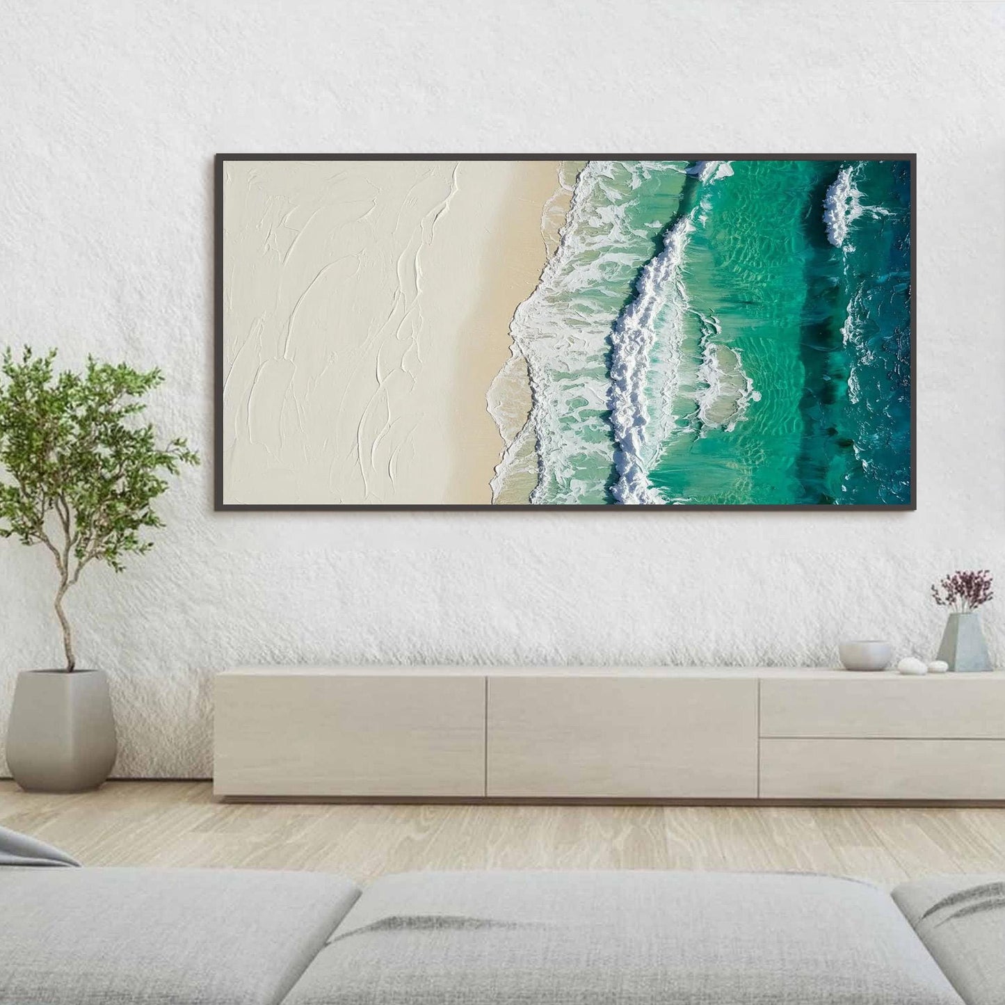 Turquoise Impasto Beach Seascape Wall Art – Aerial Beach Painting
