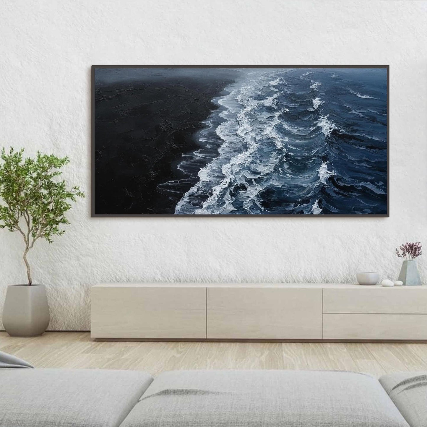 Dark Ocean Wave Canvas - Moody Coastal Art - Handmade Acrylic - Dramatic Seascape Wall Decor Gift – Black and White Ocean Wav