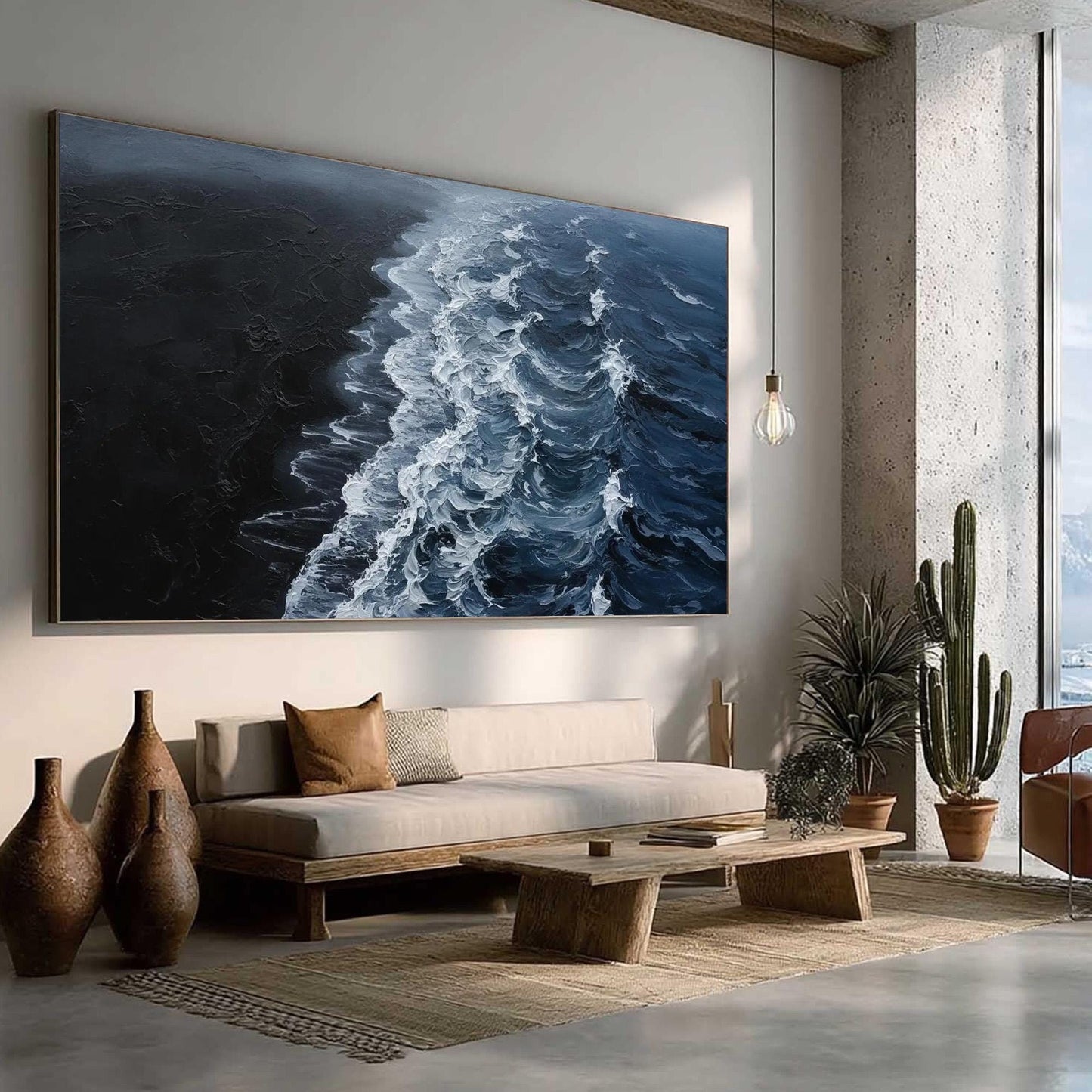 Dark Ocean Wave Canvas - Moody Coastal Art - Handmade Acrylic - Dramatic Seascape Wall Decor Gift – Black and White Ocean Wav