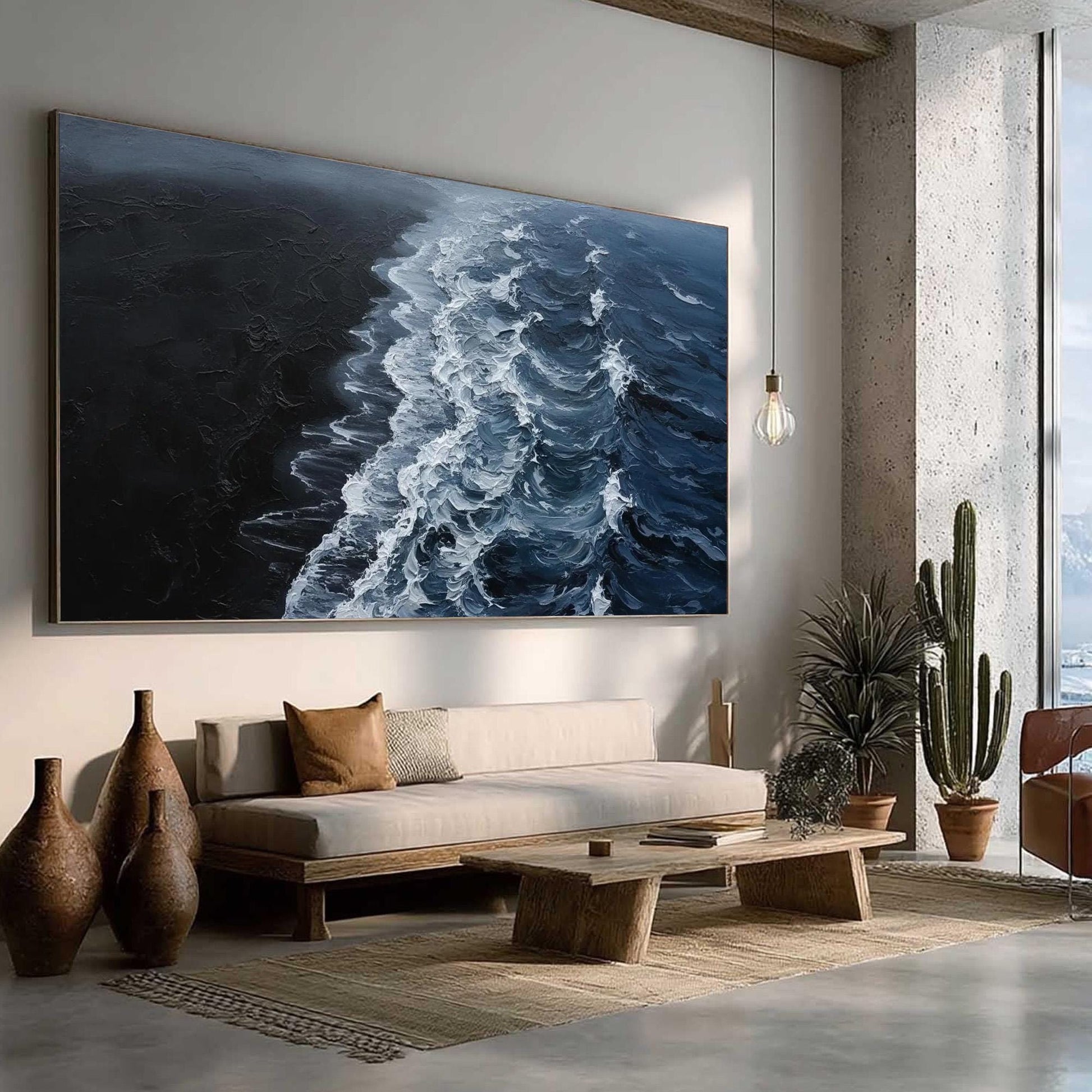 Dark Ocean Wave Canvas - Moody Coastal Art - Handmade Acrylic - Dramatic Seascape Wall Decor Gift – Black and White Ocean Wav