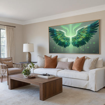 Emerald Feather Canvas Art - Aurora Light Wall Decor - Handmade Acrylic - Nature Spiritual Home Gift – Emerald and Green Bird