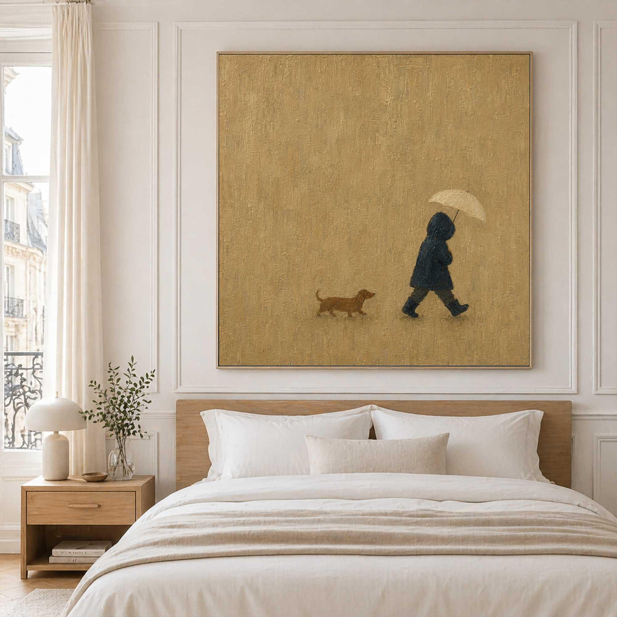 Hooded Figure Dog Wall Art Beige Rainy Day Canvas Painting for Living Room Decor