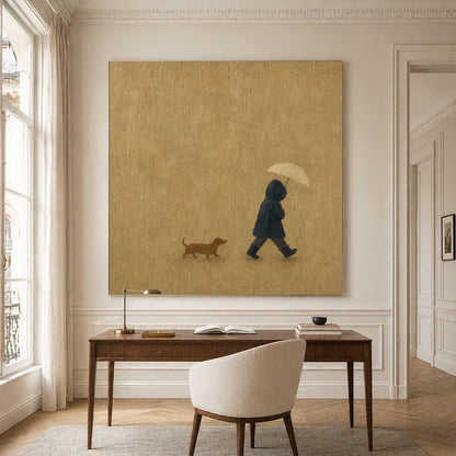 Hooded Figure Dog Wall Art Beige Rainy Day Canvas Painting for Living Room Decor