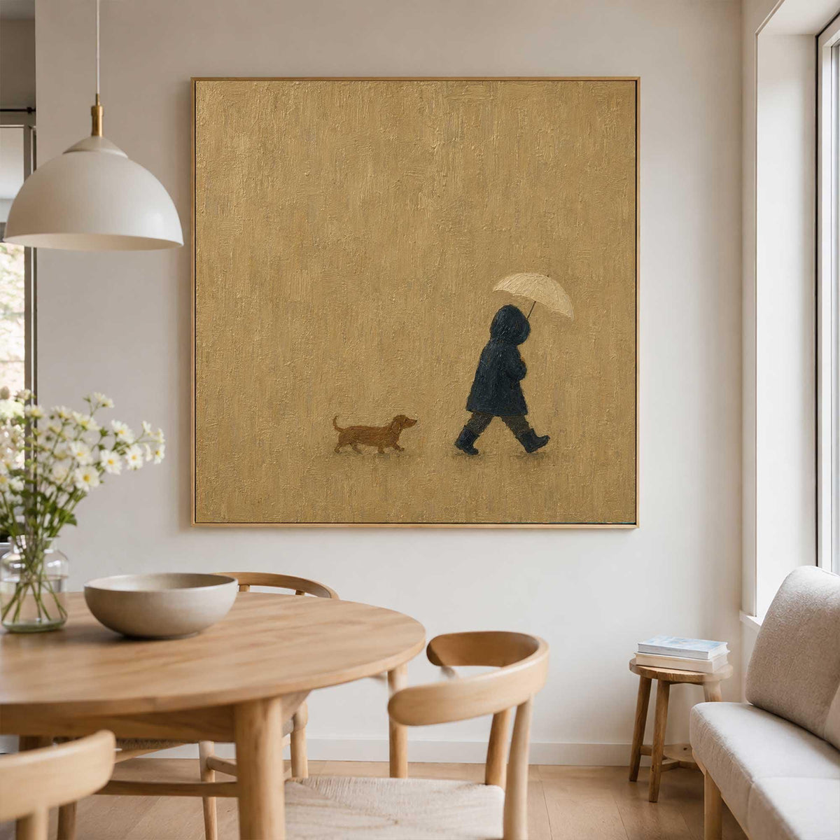 Hooded Figure Dog Wall Art Beige Rainy Day Canvas Painting for Living Room Decor