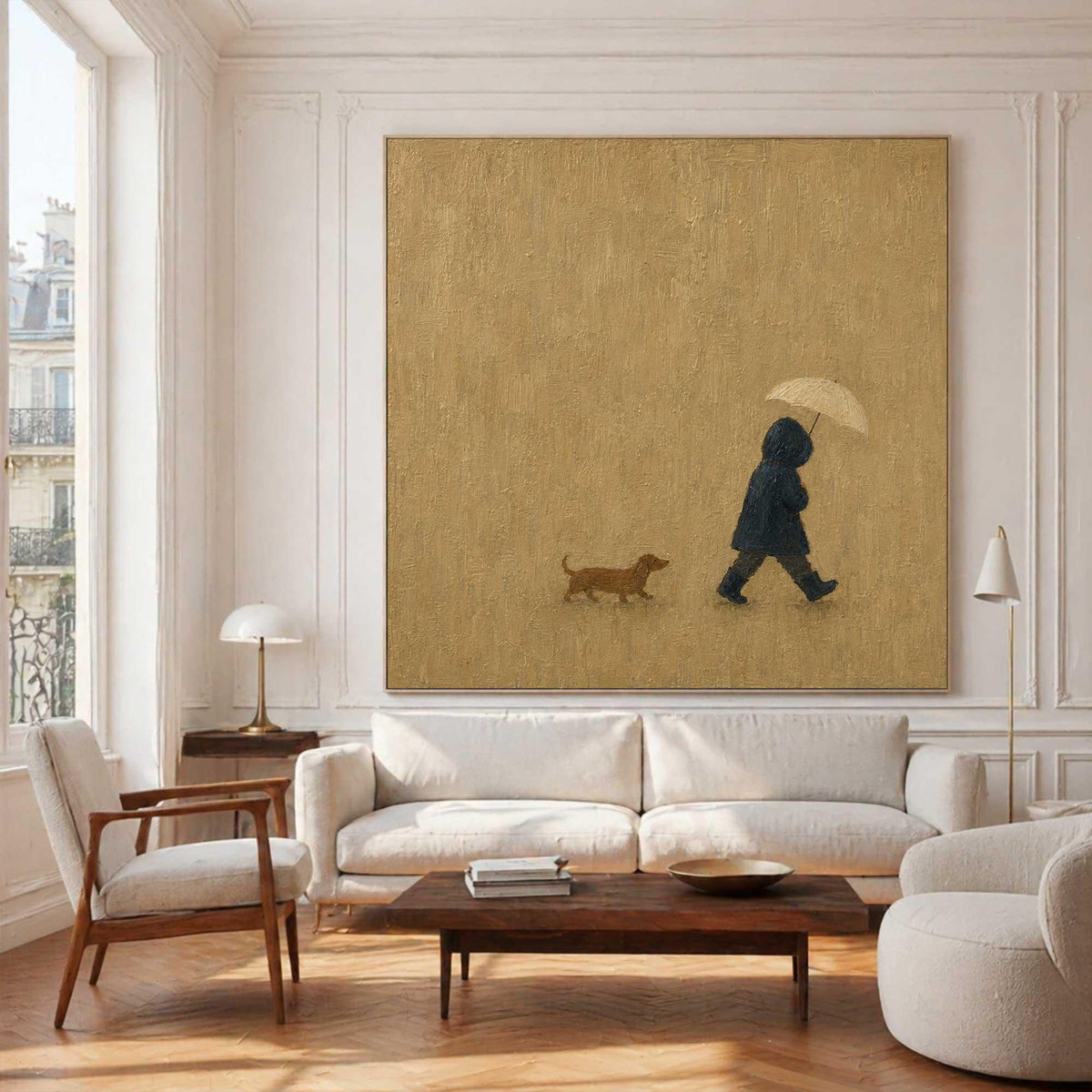 Hooded Figure Dog Wall Art Beige Rainy Day Canvas Painting for Living Room Decor