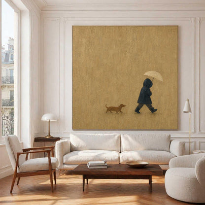 Hooded Figure Dog Wall Art Beige Rainy Day Canvas Painting for Living Room Decor