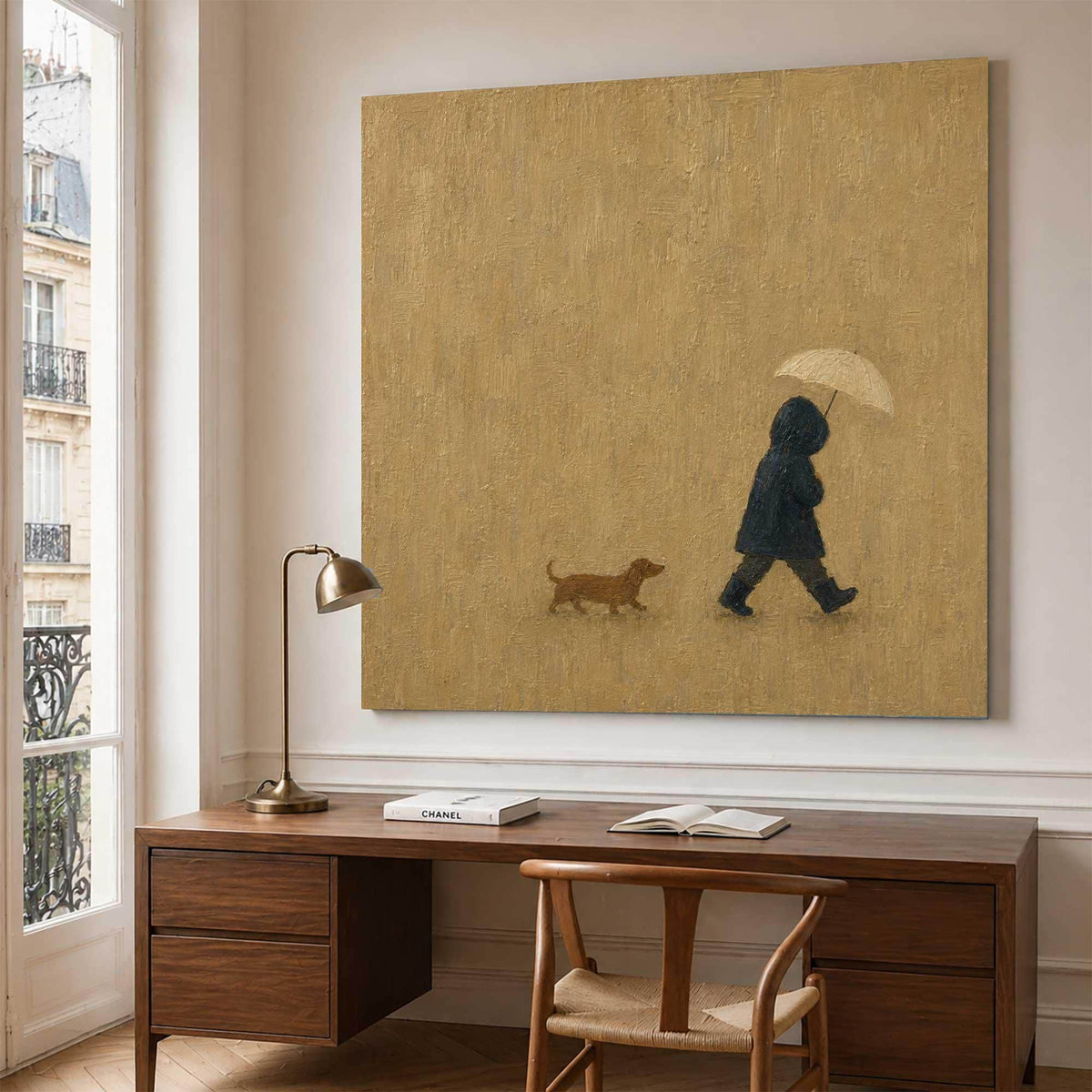 Hooded Figure Dog Wall Art Beige Rainy Day Canvas Painting for Living Room Decor