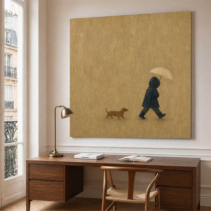 Hooded Figure Dog Wall Art Beige Rainy Day Canvas Painting for Living Room Decor
