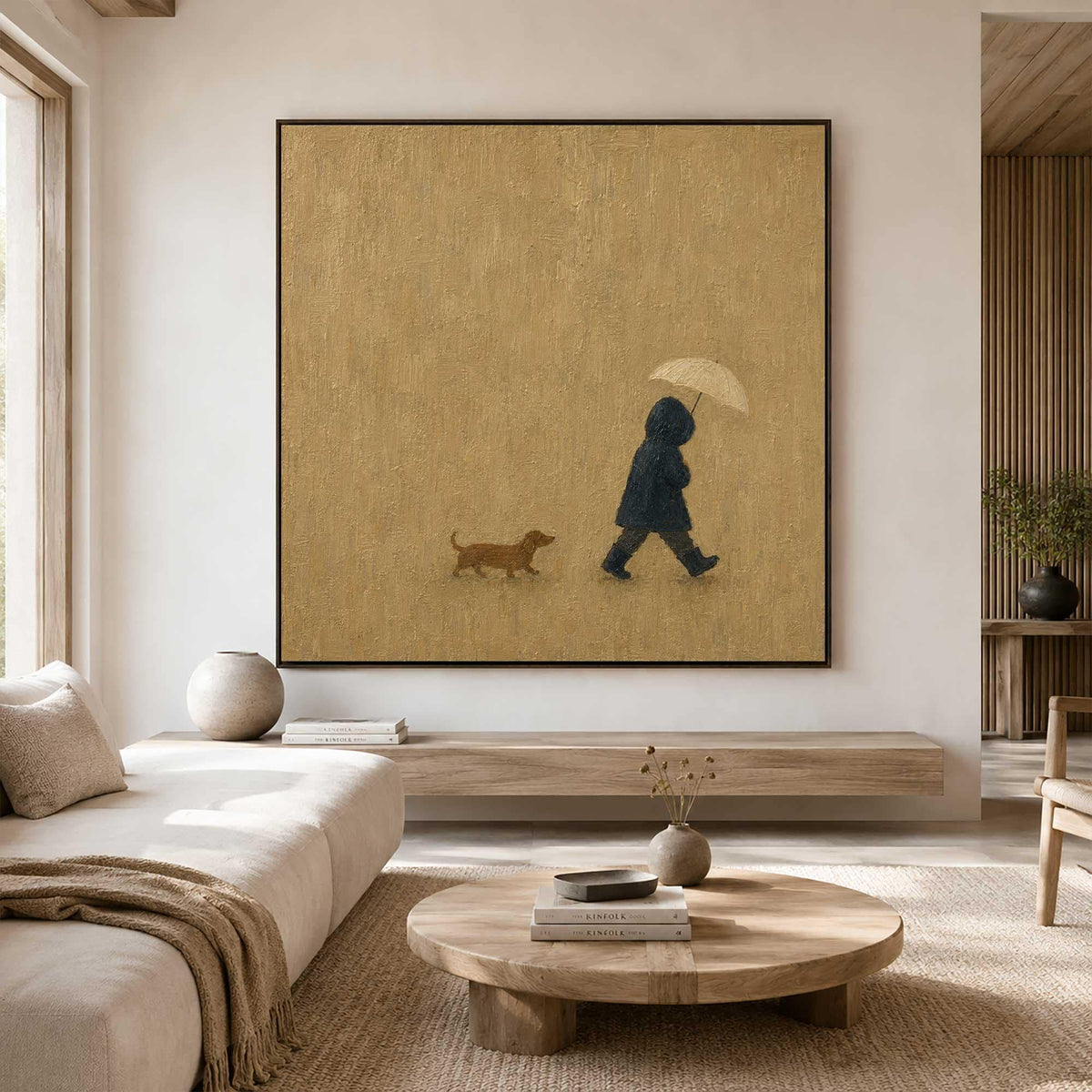 Hooded Figure Dog Wall Art Beige Rainy Day Canvas Painting for Living Room Decor