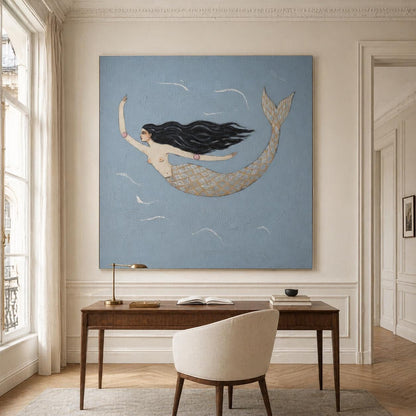 Single Mermaid Wall Art Blue Gold Folk Canvas Painting for Living Room Coastal Decor