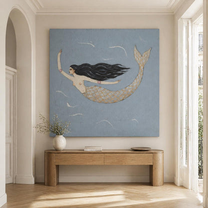 Single Mermaid Wall Art Blue Gold Folk Canvas Painting for Living Room Coastal Decor