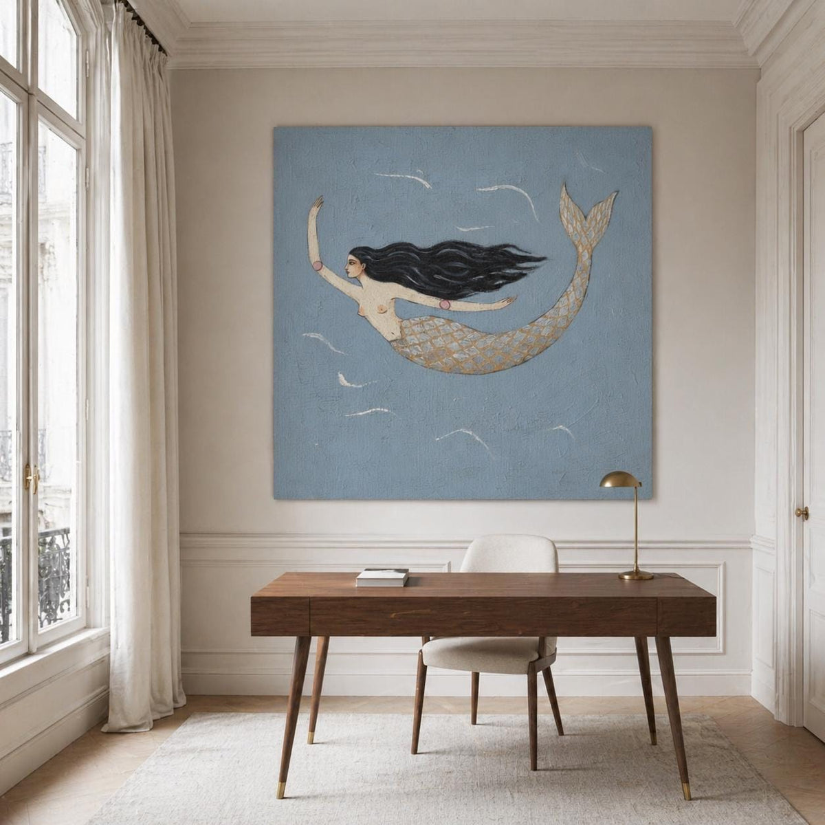Single Mermaid Wall Art Blue Gold Folk Canvas Painting for Living Room Coastal Decor