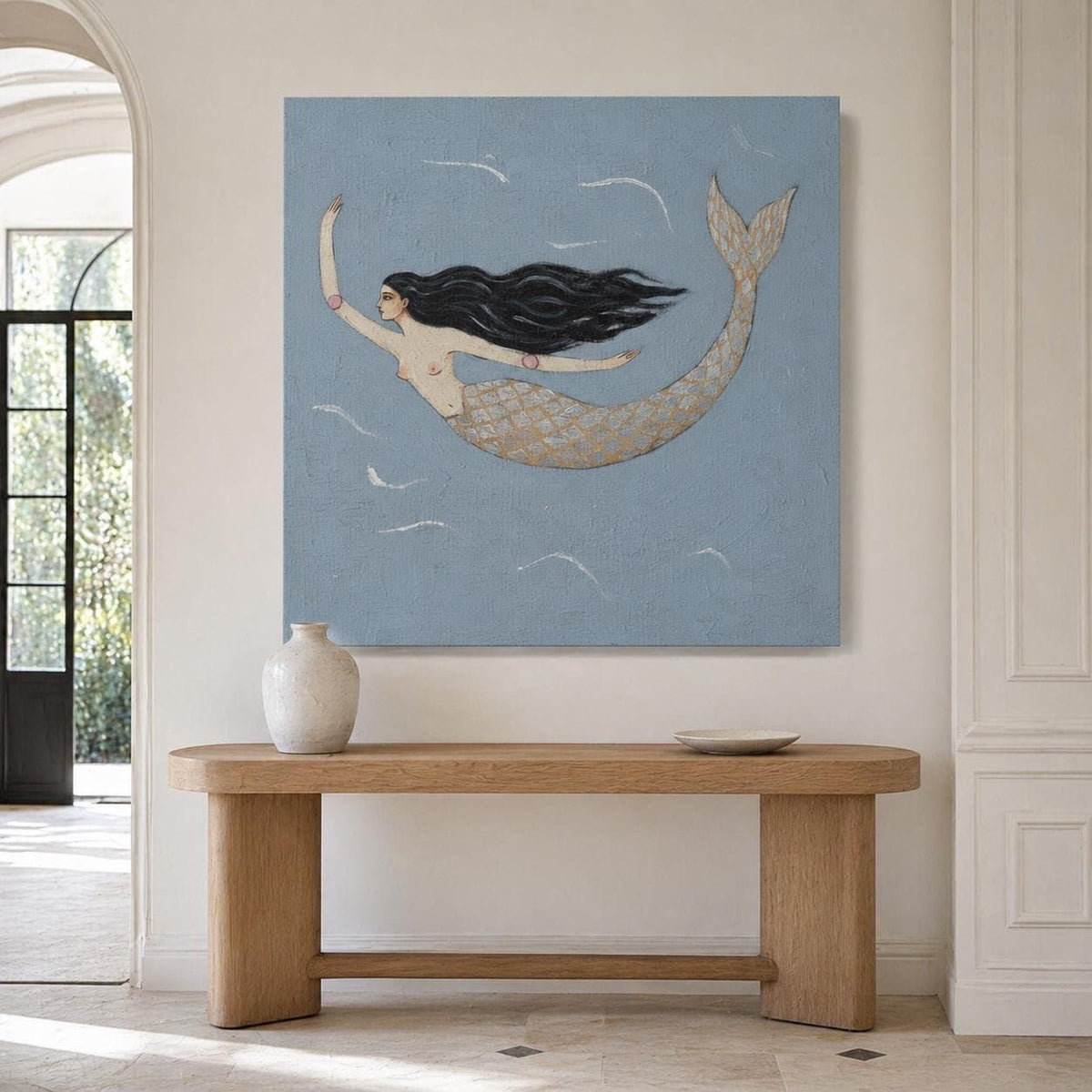 Single Mermaid Wall Art Blue Gold Folk Canvas Painting for Living Room Coastal Decor
