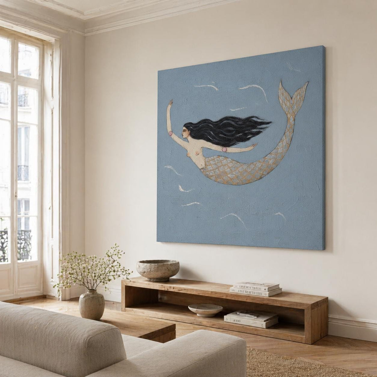 Single Mermaid Wall Art Blue Gold Folk Canvas Painting for Living Room Coastal Decor