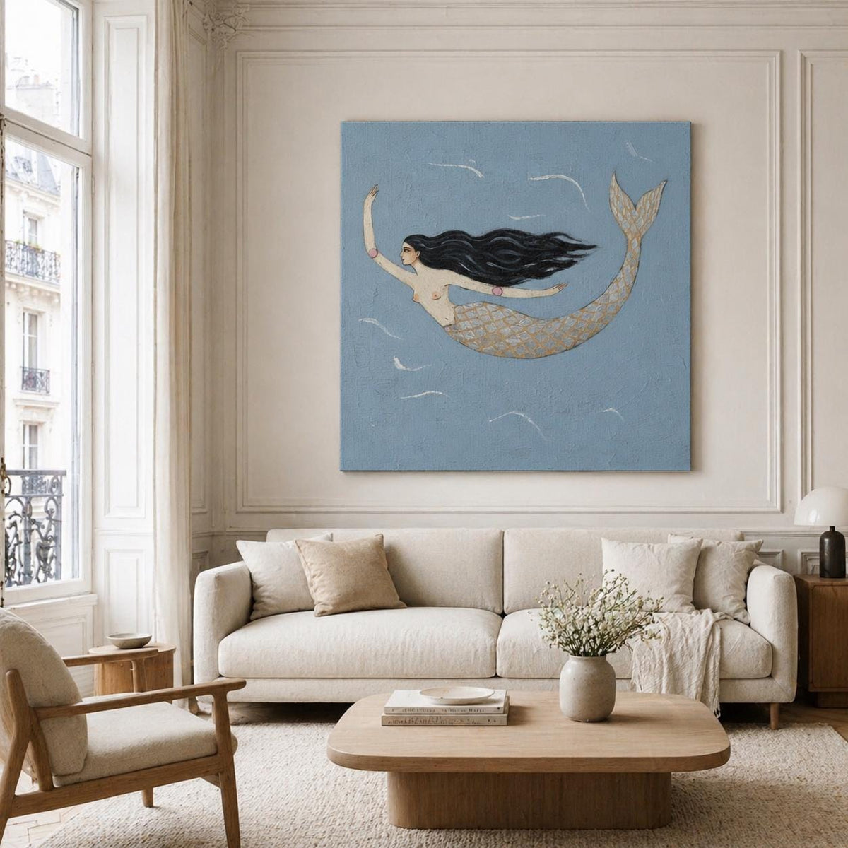 Single Mermaid Wall Art Blue Gold Folk Canvas Painting for Living Room Coastal Decor