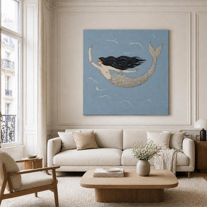 Single Mermaid Wall Art Blue Gold Folk Canvas Painting for Living Room Coastal Decor